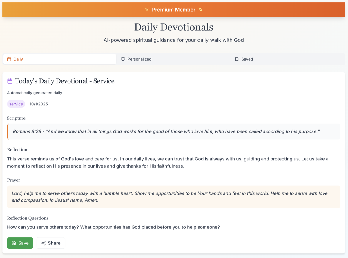 Screenshot of Daily Devotionals page showing Today's Daily Devotional with Romans 8:28 scripture, reflection about God's love and care, a prayer for serving others, and reflection questions